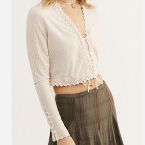 Free People Third Date crop embroidered crochet and lace cream top